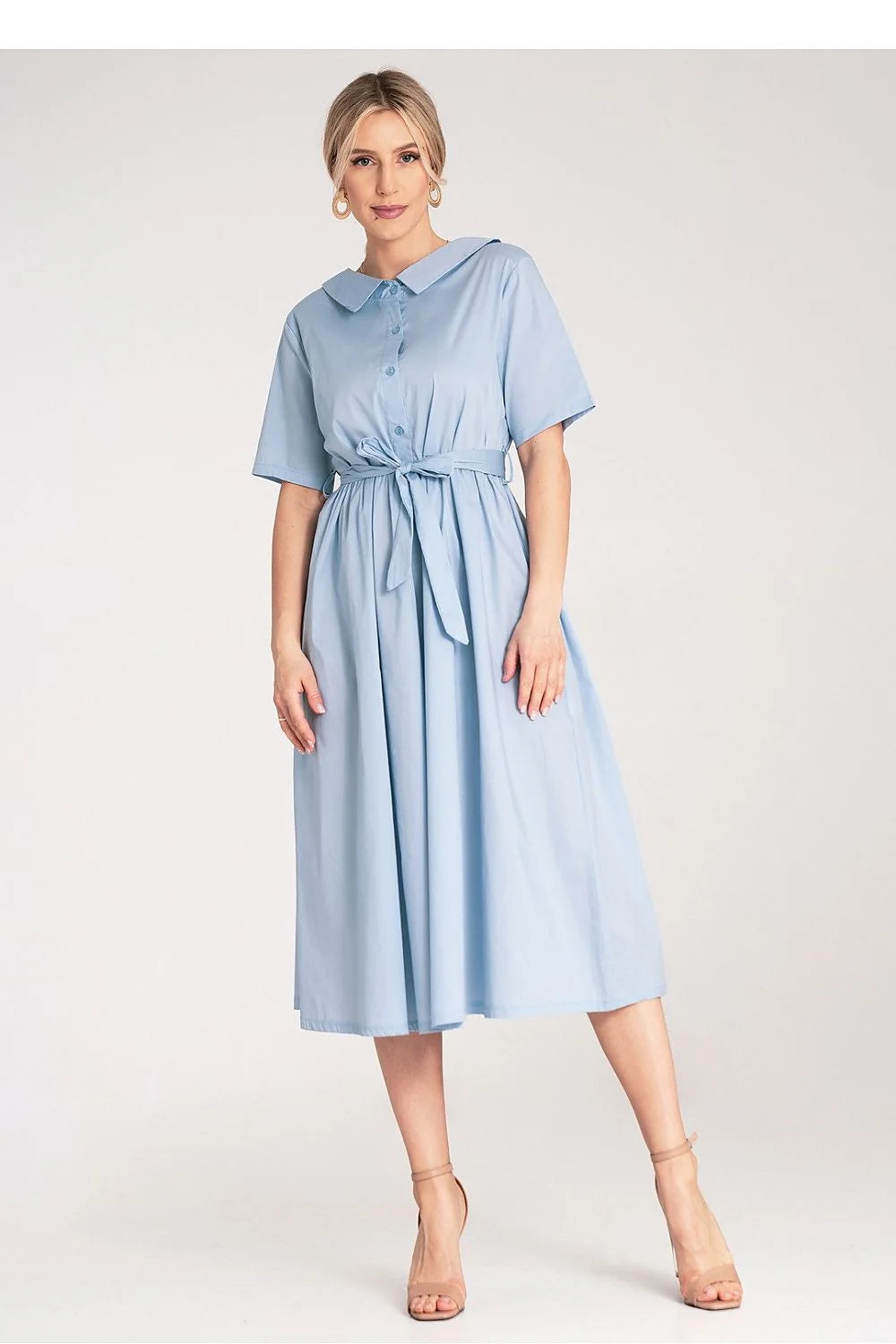 Robe de jour élégante midi manches courtes col rond ceinture assortie coton 100% robe A-line pastel femme