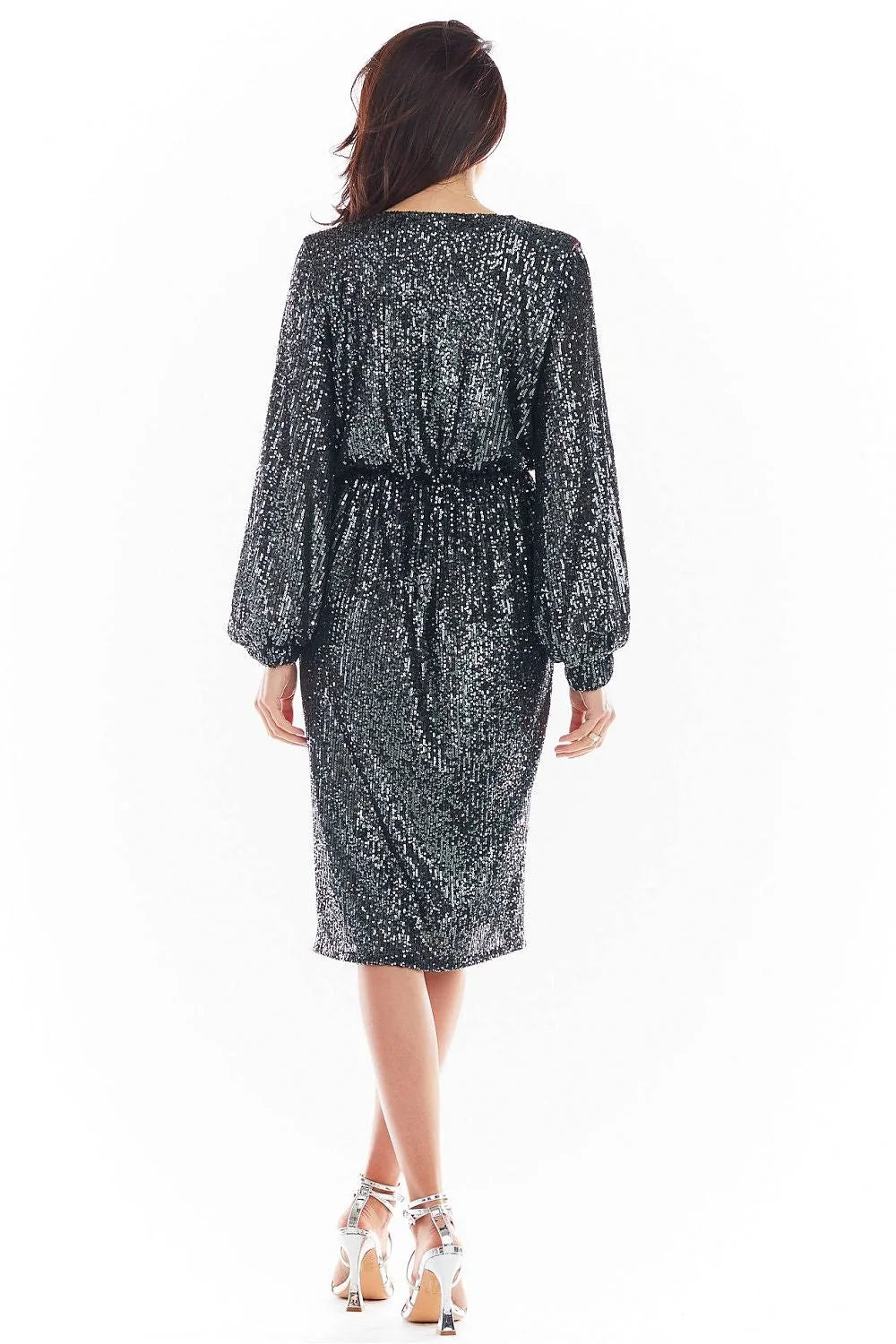Robe de soirée élasthanne polyester paillettes encolure V manches longues ajustable élégante femme moderne