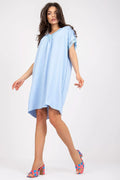 Robe de jour féminine ample manches courtes encolure en cœur dentelle bleu pastel polyester viscose élasthanne