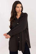 chemise tunique femme oversize longue fluide noire col classique boutonnée boutons bijoux manches bouffantes poignets froncés ourlet arrondi fentes latérales