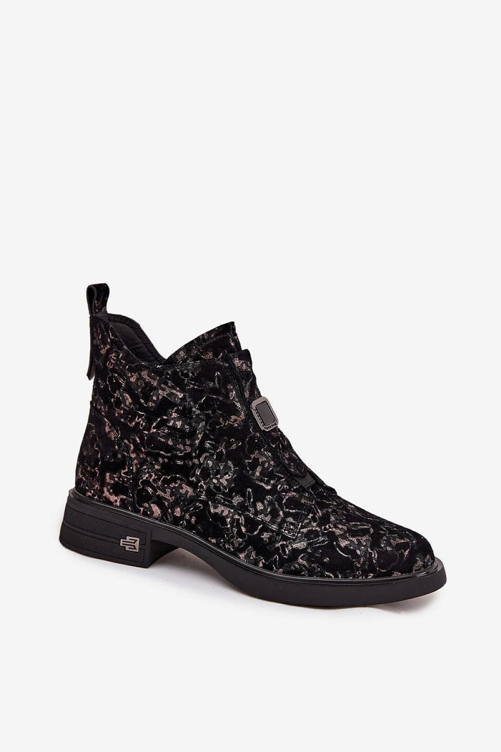 bottines femme daim suédé noir velours froissé métallisé rose bronze cheville bout pointu glissière latérale boucle carrée talon bas semelle