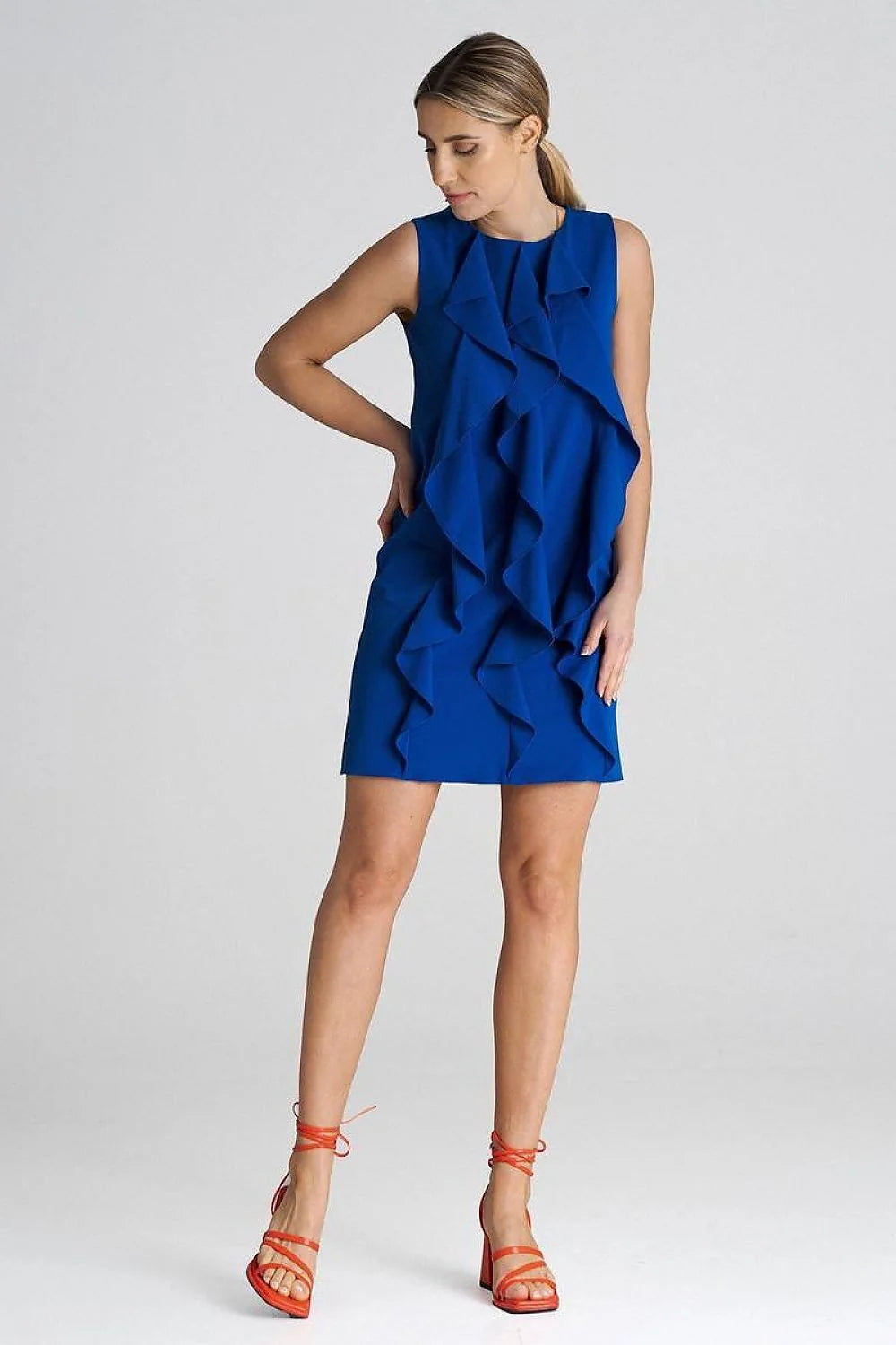 Robe cocktail moderne audacieuse bleu électrique sans manches volants ruffles femmes occasion soirée semi-formelle