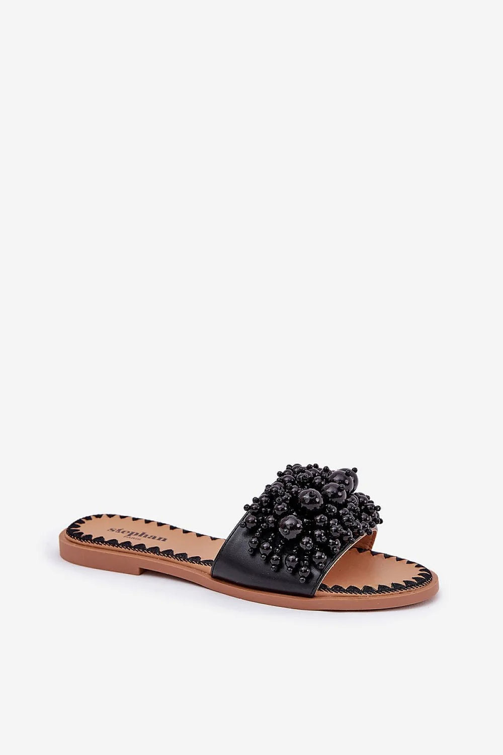 Sandales femmes élégantes ouvertes perles noires style bohème confortable talon plat cuir artificiel occasion été chic décontracté