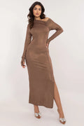 Robe de soirée élégante longue manches longues encolure asymétrique doré métallisé femmes occasion spéciale