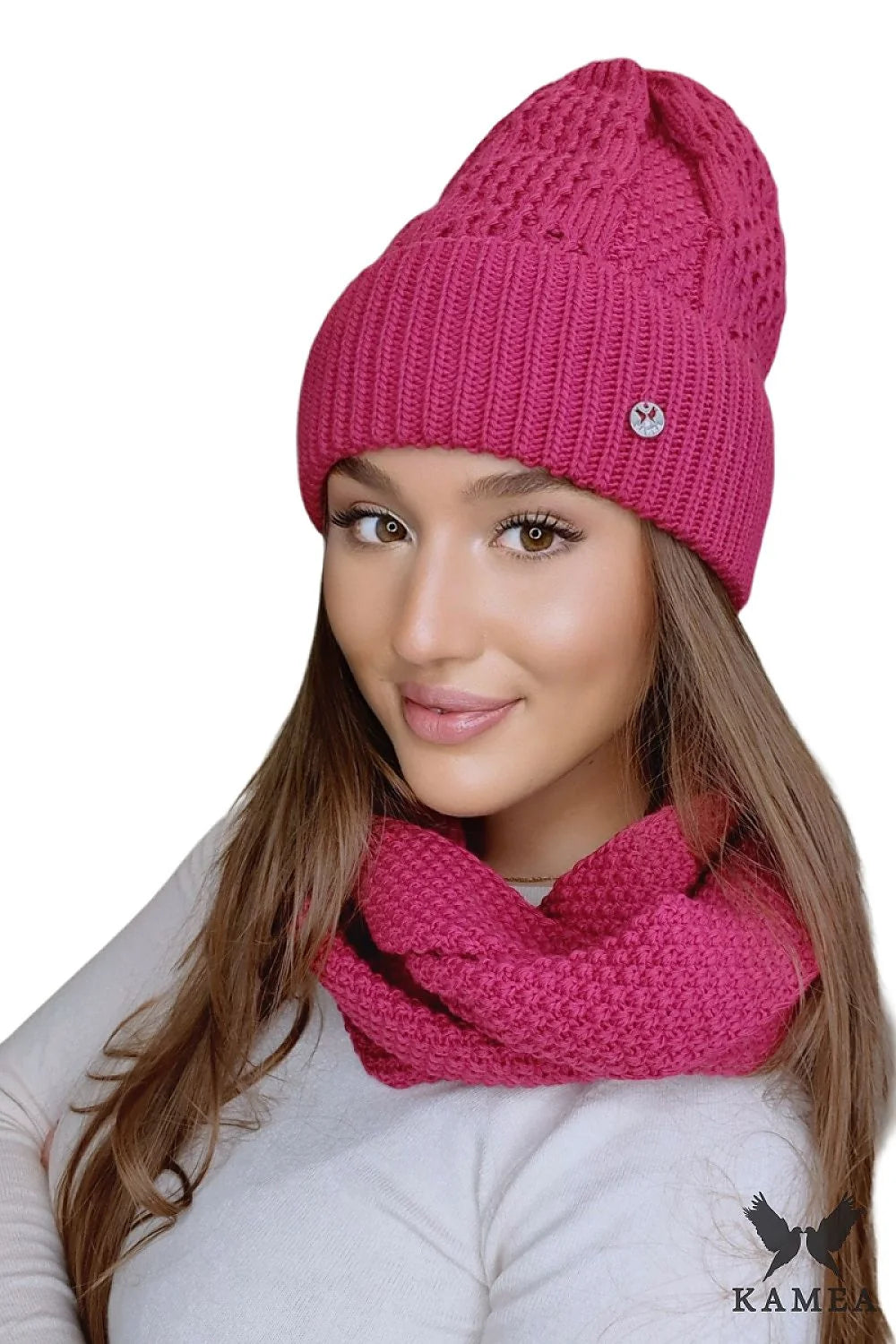 écharpe infinity snood bonnet slouch fuchsia vif tricot épais douillet chaud côtelé maille volumineux contemporain casual chic métallique