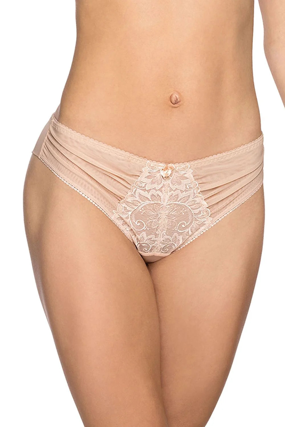 Culotte brésilienne Bella Misteria beige dentelle fleurie taille basse maille respirante 5% coton 14% élasthanne 56% polyamide 25% polyester