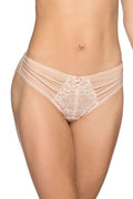 Culotte brésilienne Bella Misteria beige dentelle fleurie taille basse maille respirante 5% coton 14% élasthanne 56% polyamide 25% polyester
