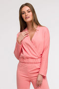 Ensemble femme cache-coeur et pantalon rose saumon doux style casual élégant matériau confortable occasion décontractée sortie printemps été