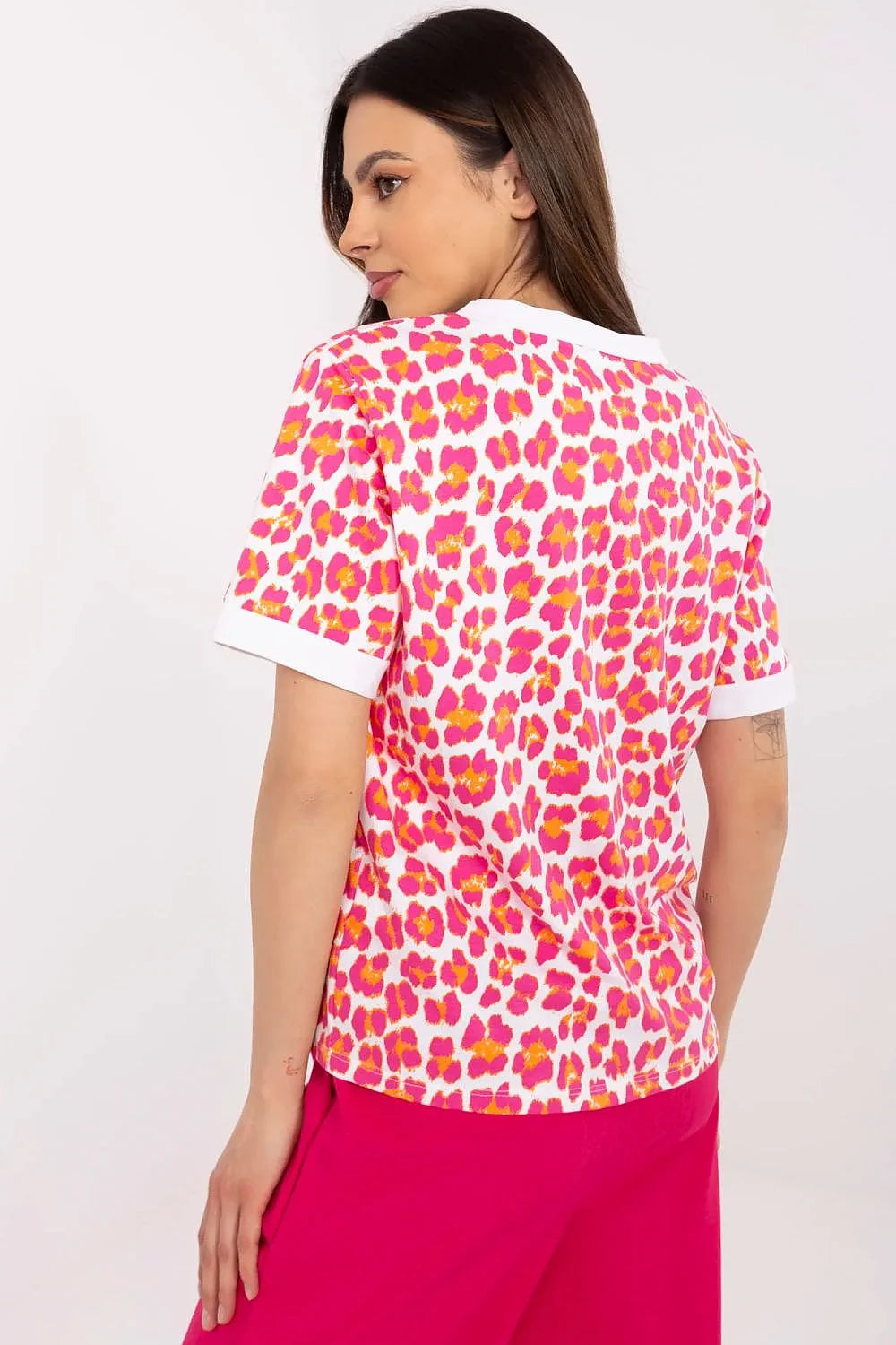 T-shirt femme col V motif抽象 léopard rose jaune manches courtes coupe relaxée été 2023
