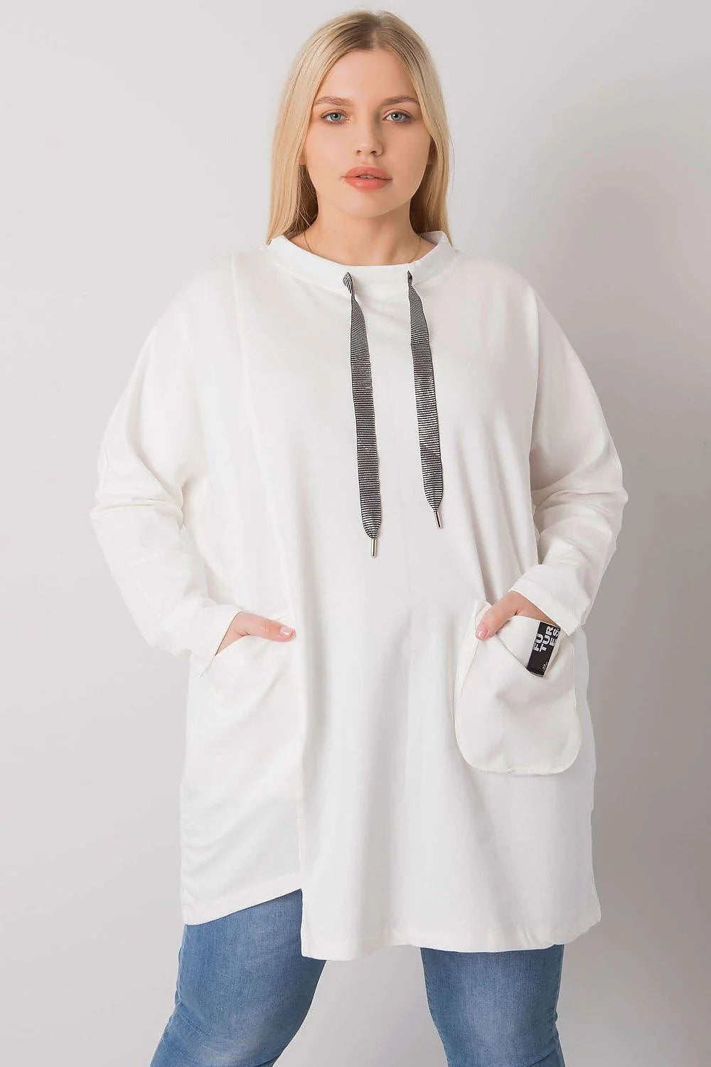 Sweatshirt à capuche long coton femme ample blanc confortable mode décontractée poche kangourou stylé