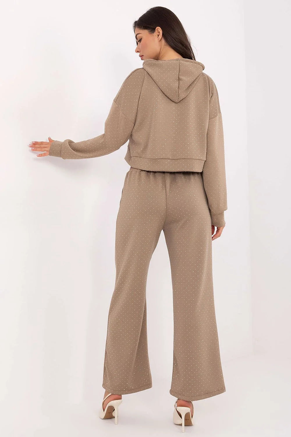 ensemble femme survêtement sweat capuche cordons cropped pantalon taille haute élastique jambes larges poches strass scintillant beige taupe molleton