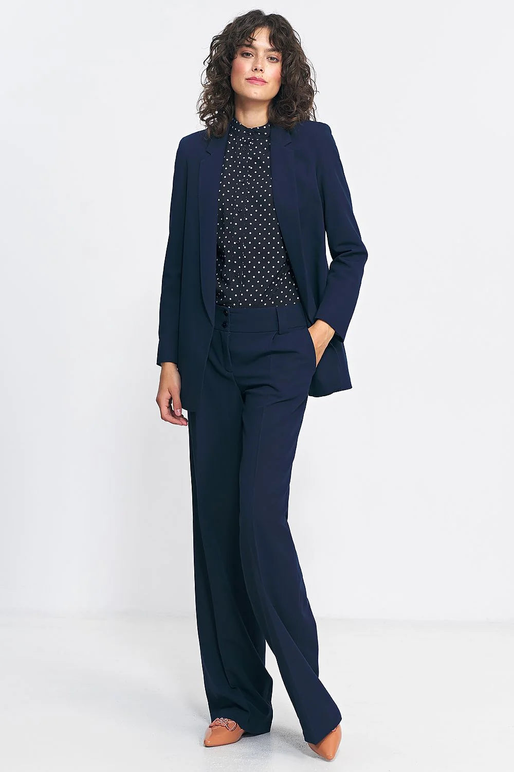veste blazer long bleu marine col cranté coupe droite tissu structuré doublée élégante bureau professionnel viscose polyester élasthanne