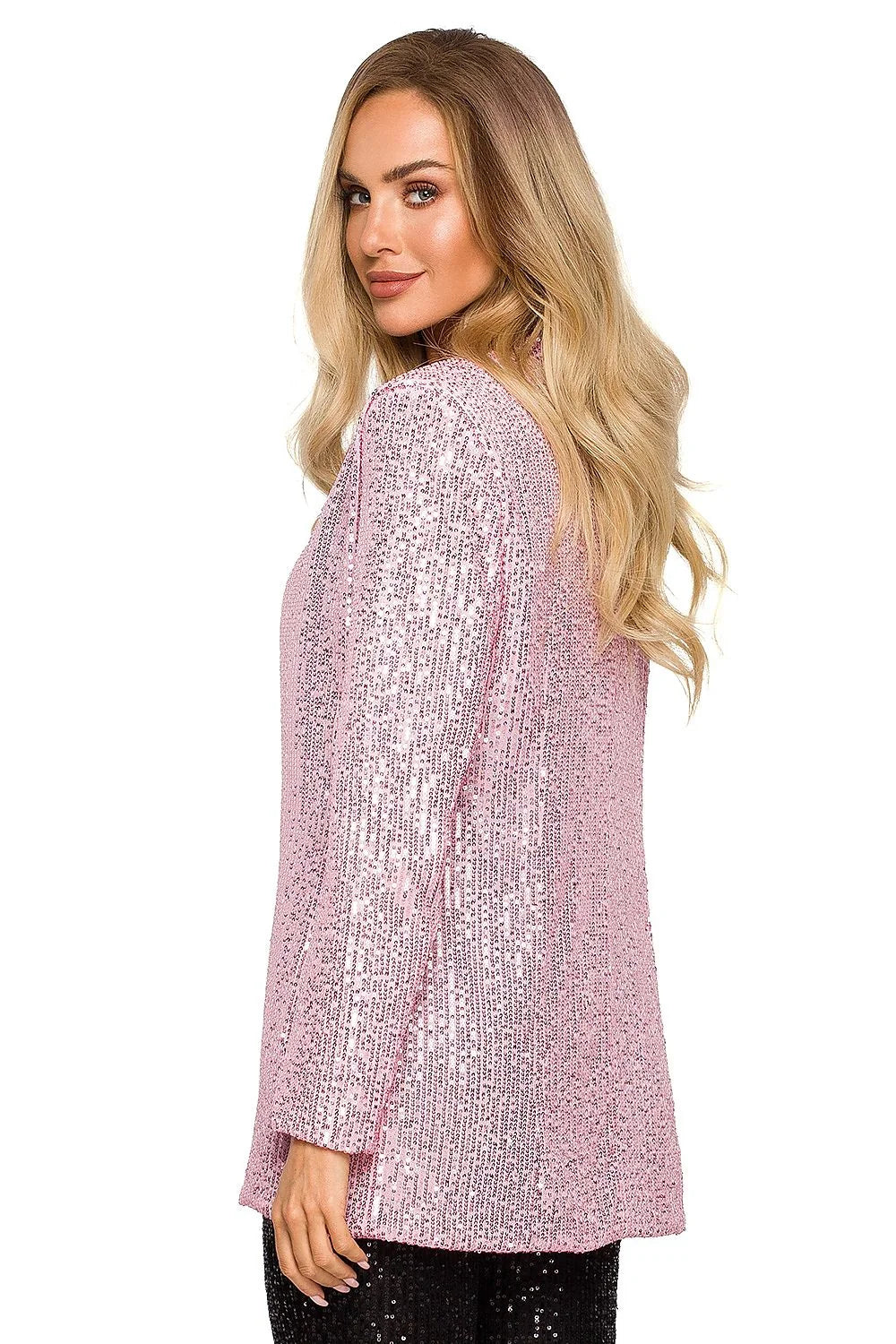 Veste de fête scintillante argentée longue élégante pour femme, style moderne chic coupe droite sequins brillants polyester 100 %