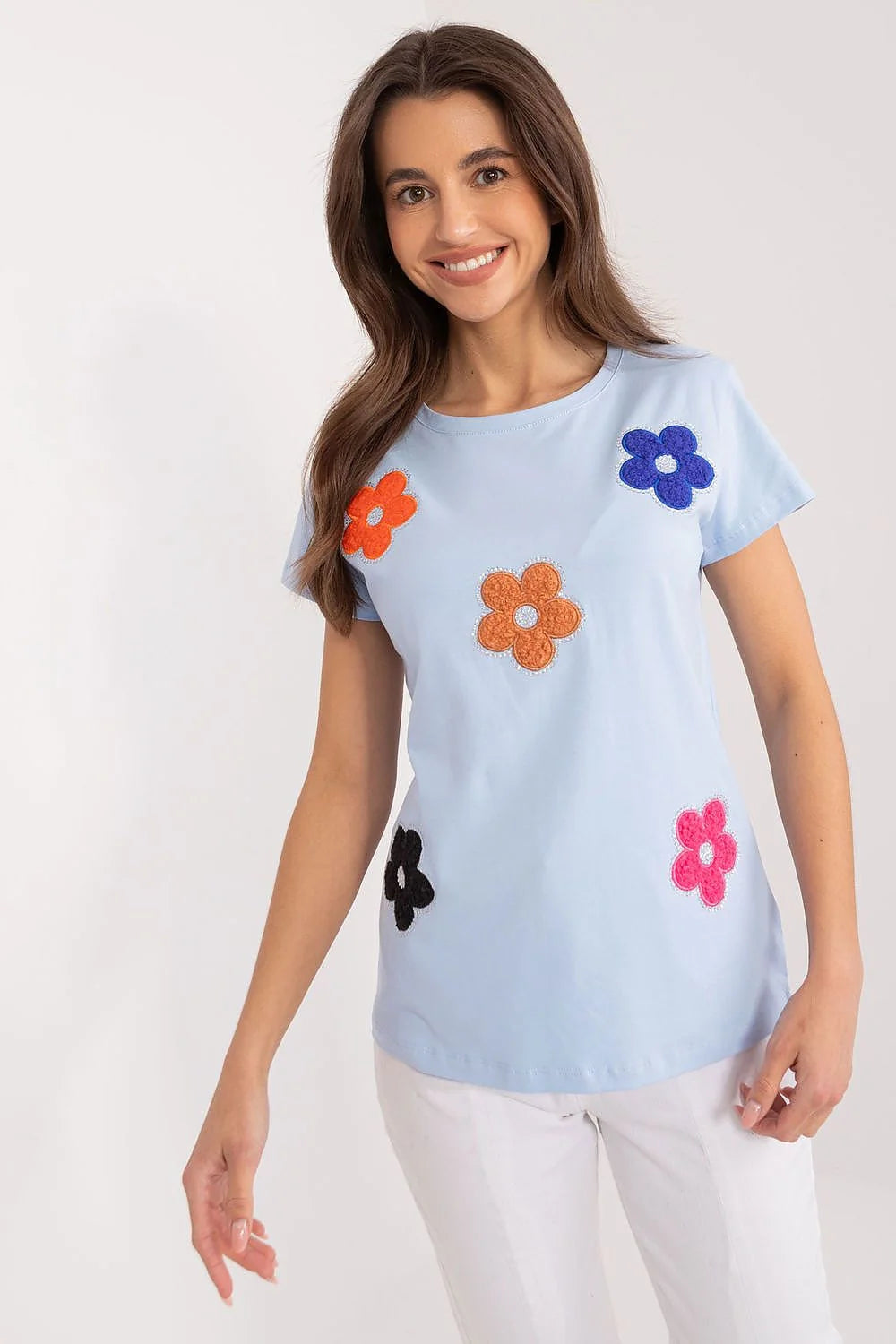 T-shirt femme moderne casual fleurs appliqués coton coupe classique bleu multicolore été confortable style décontracté haute qualité