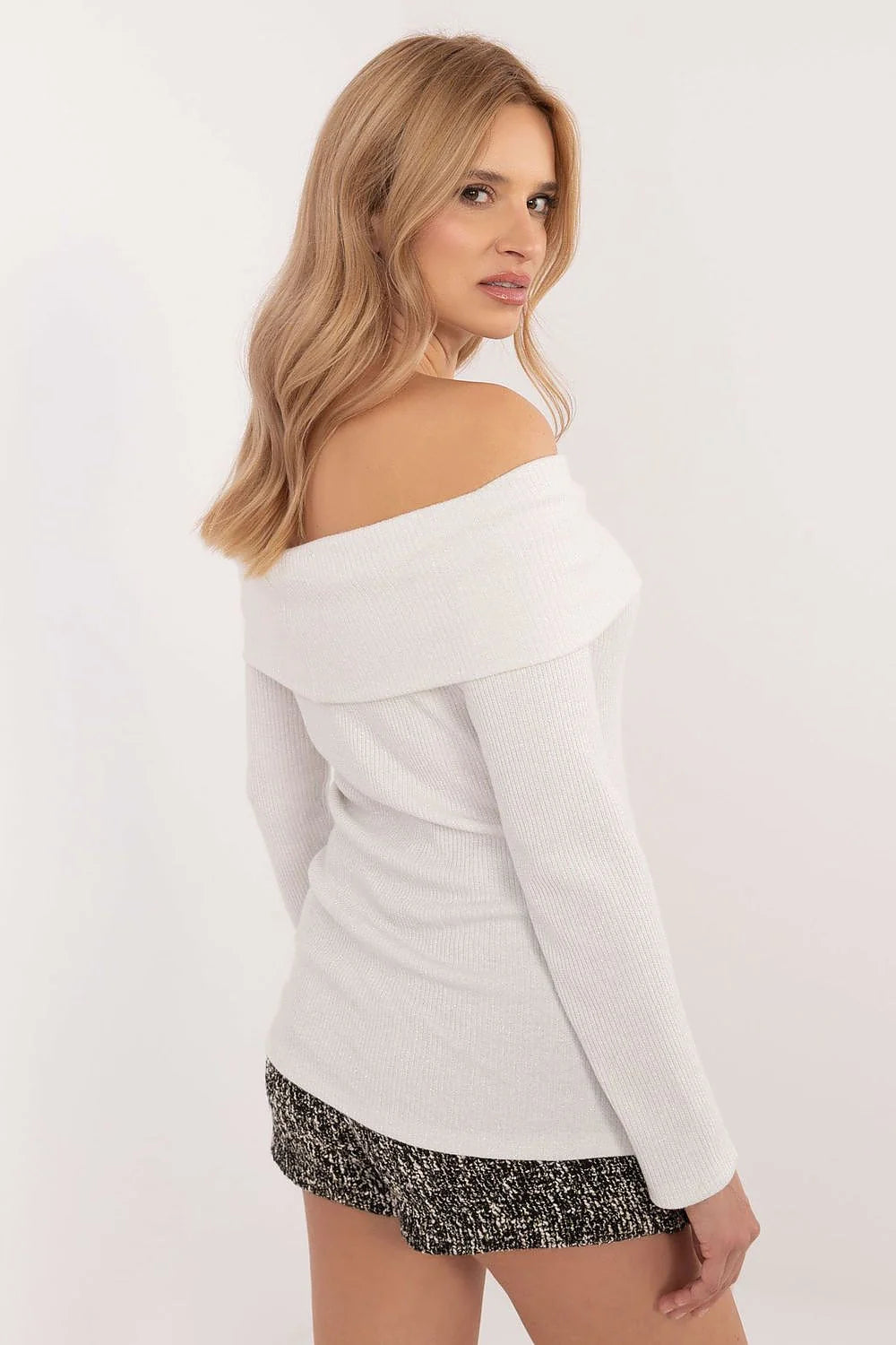 Haut et jupe féminine deux pièces épaules dénudées texture tweedée motifs marbrés hauteur de taille ajustable