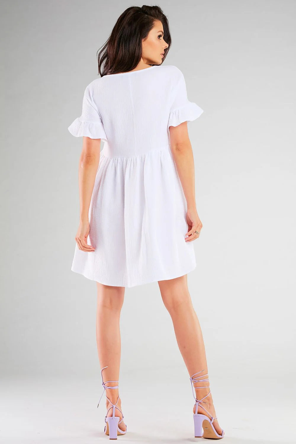 Robe de jour Infinite You été trapeze blanc tissu élastique coton 92% elasthanne 8% respirant manches courtes volants encolure ronde Pologne taille S/M-L/XL