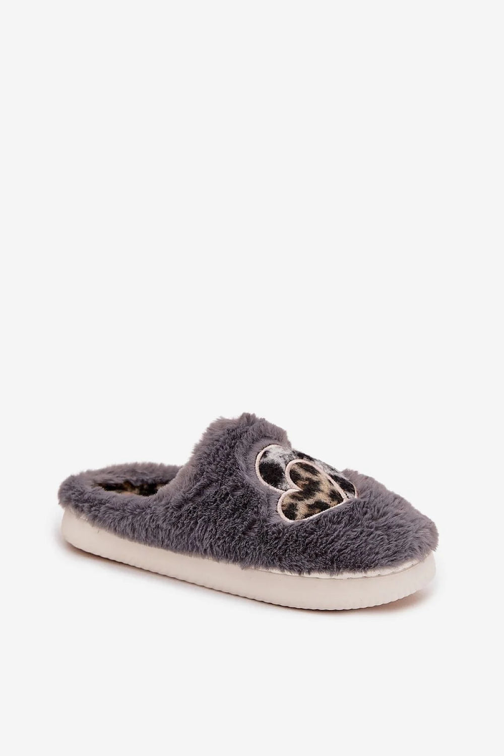 chaussons femme pantoufles fausse fourrure coeurs imprimé léopard gris anthracite semelle blanche antidérapante doublure molletonnée slipon confort chaleur