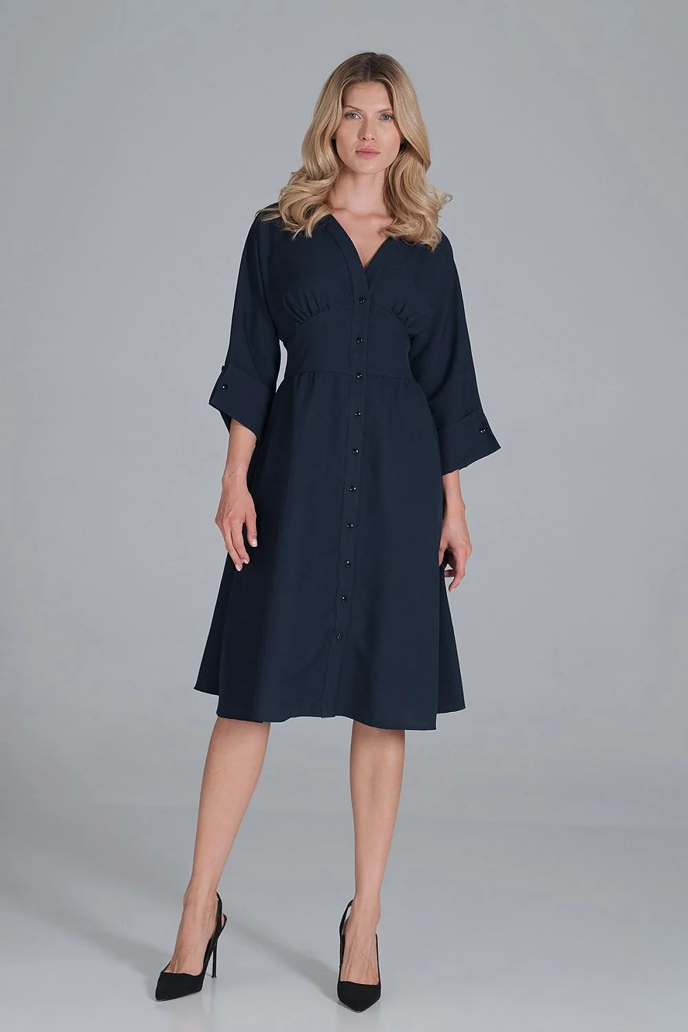 Robe midi polyester élégante rose vive manches trois-quarts boutons col V femme mode chic