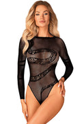 Body sexy féminin résille dentelle motif serpent dos nu manches longues élasthanne nylon femmes