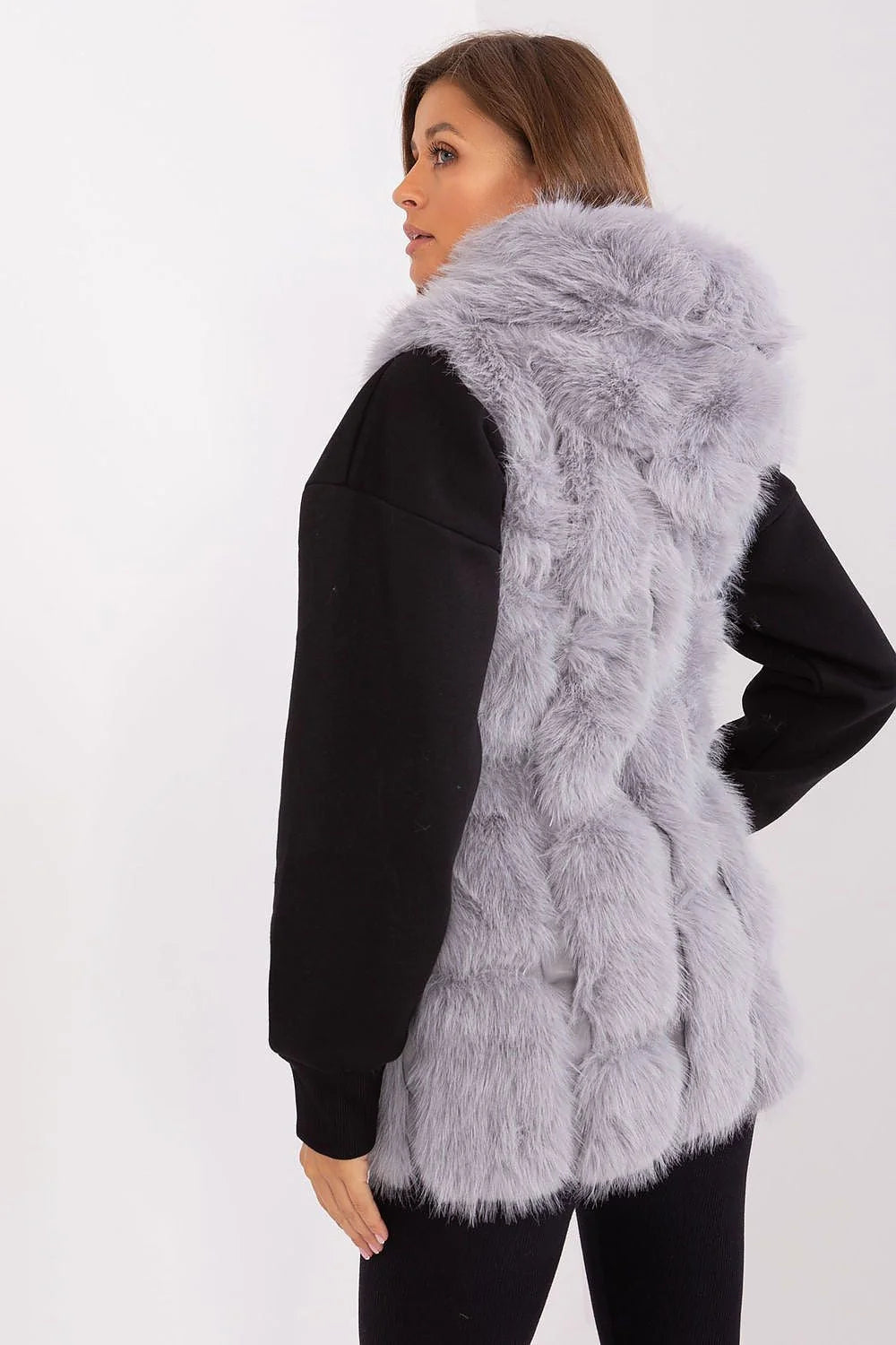 Gilet sans manches en fourrure synthétique moderne, élégant, gris clair, coupe longue, col montant, poches latérales, pour femmes