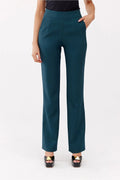 Pantalon droit élégant pour femme en tissu lisse, coupe droite, taille haute, poches latérales, fermeture invisible, couleur bleu canard