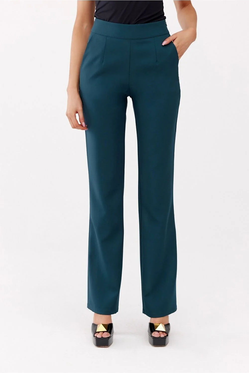 Pantalon droit élégant pour femme en tissu lisse, coupe droite, taille haute, poches latérales, fermeture invisible, couleur bleu canard