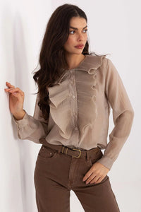 chemisier femme classique élégant quotidien travail habillé tencel polyester doux léger confortable voile taupe col rond jabot volanté manches longues