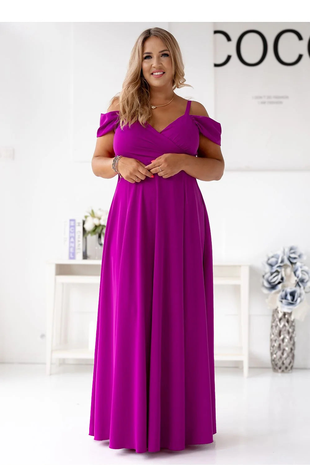 Robe longue élégante With You magenta femmes soirée mariage manches longues encolure cœur bretelles fines taille ajustable polyester coton élasthanne