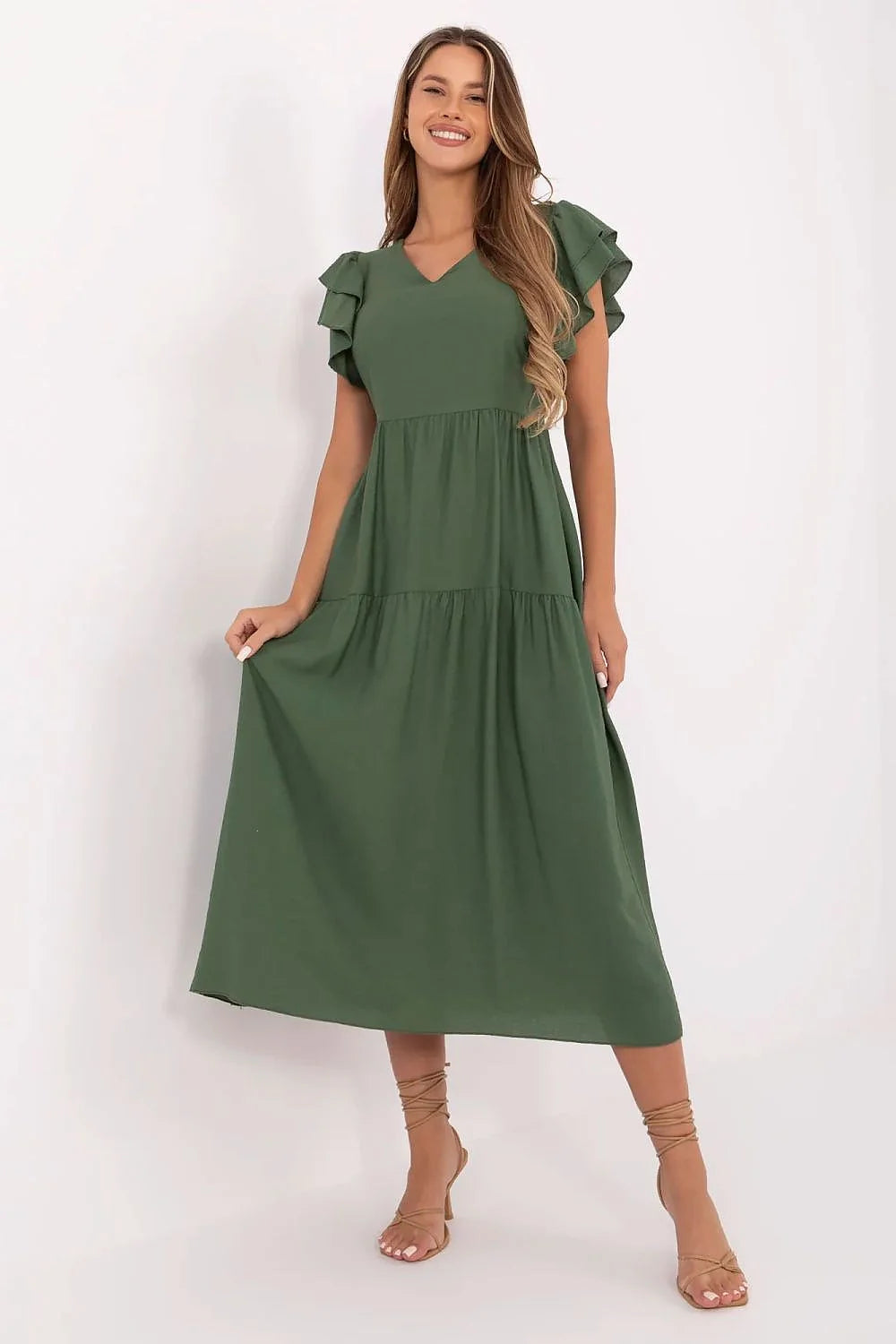 Robe de jour élégante longue manches courtes en V vert olive coupe empire volants femme été