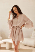 robe cocktail courte femme beige lyocell fluide légère manches longues évasées volants col V ceinture nouée taille trapèze bohème chic