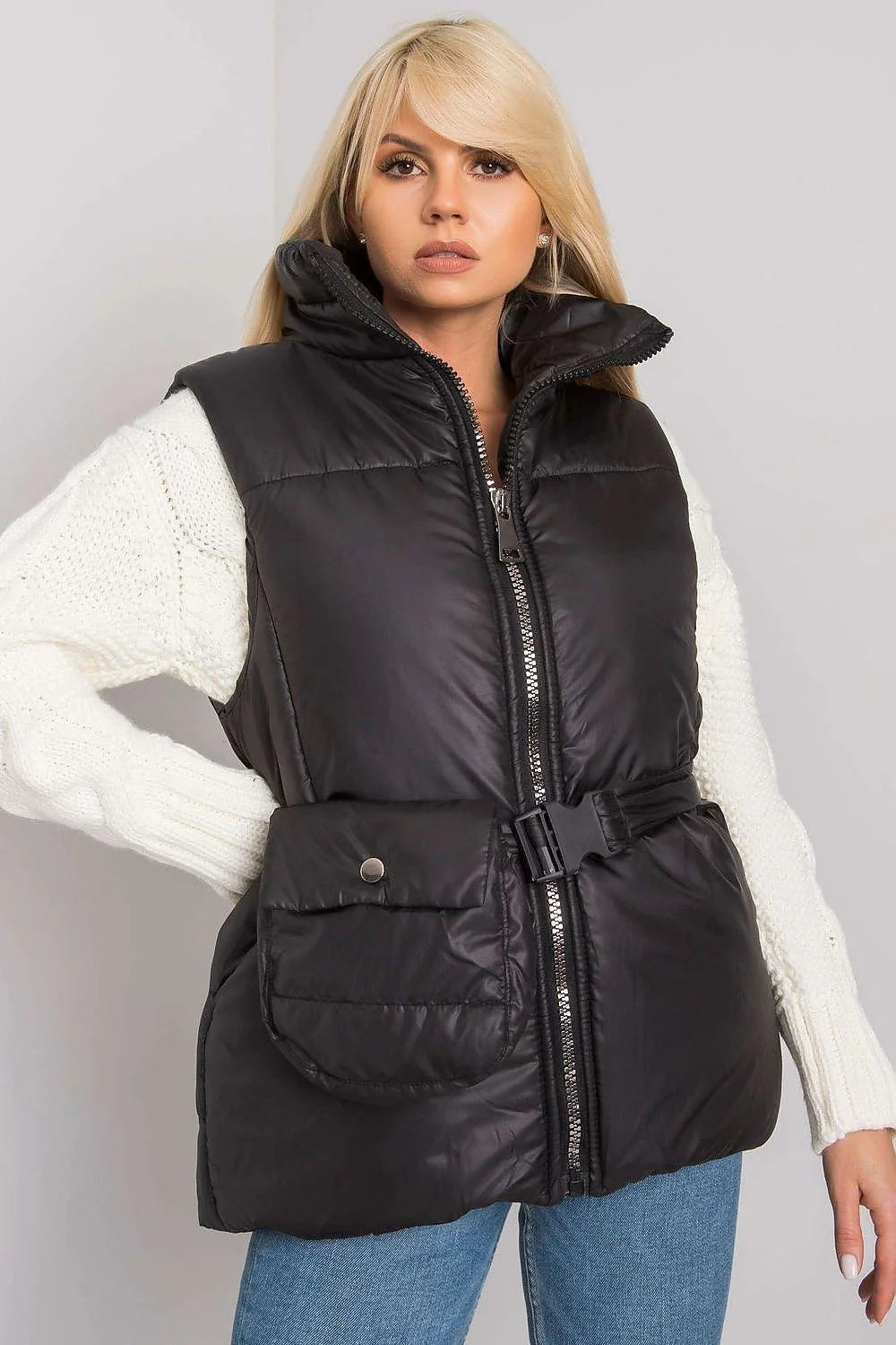 Gilet matelassé marron caramel polyester décontracté élégant fermeture éclair poches ceinture intégrée femme automne-hiver
