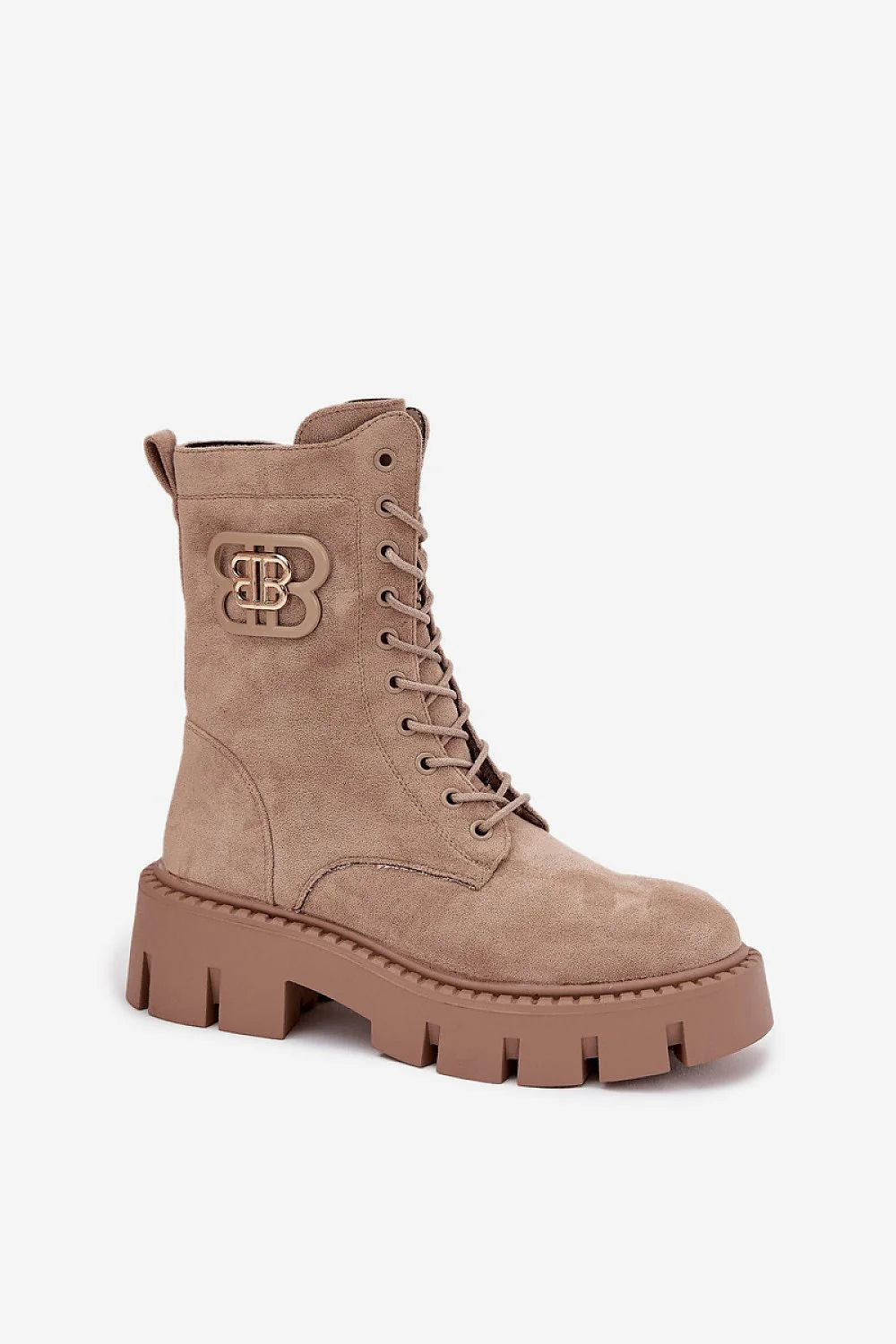 bottines rangers femme suède écologique beige camel montantes mi mollet bout rond laçage avant zip latéral plateforme crantée caoutchouc antidérapante