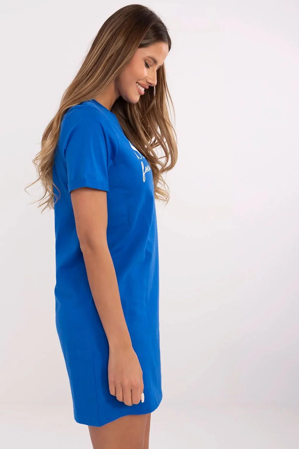 Robe t-shirt sportive bleu vif manches courtes col rond message motivant femme