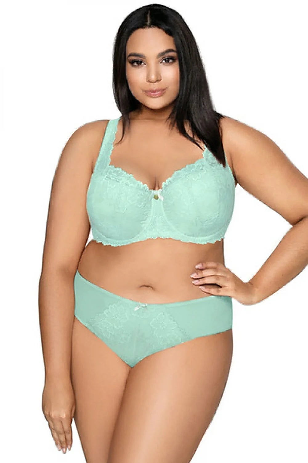 Ensemble lingerie féminine sophistée dentelle florale couleur vert menthe pastel soutien-gorge culotte taille ajustable occasion spéciale femmes