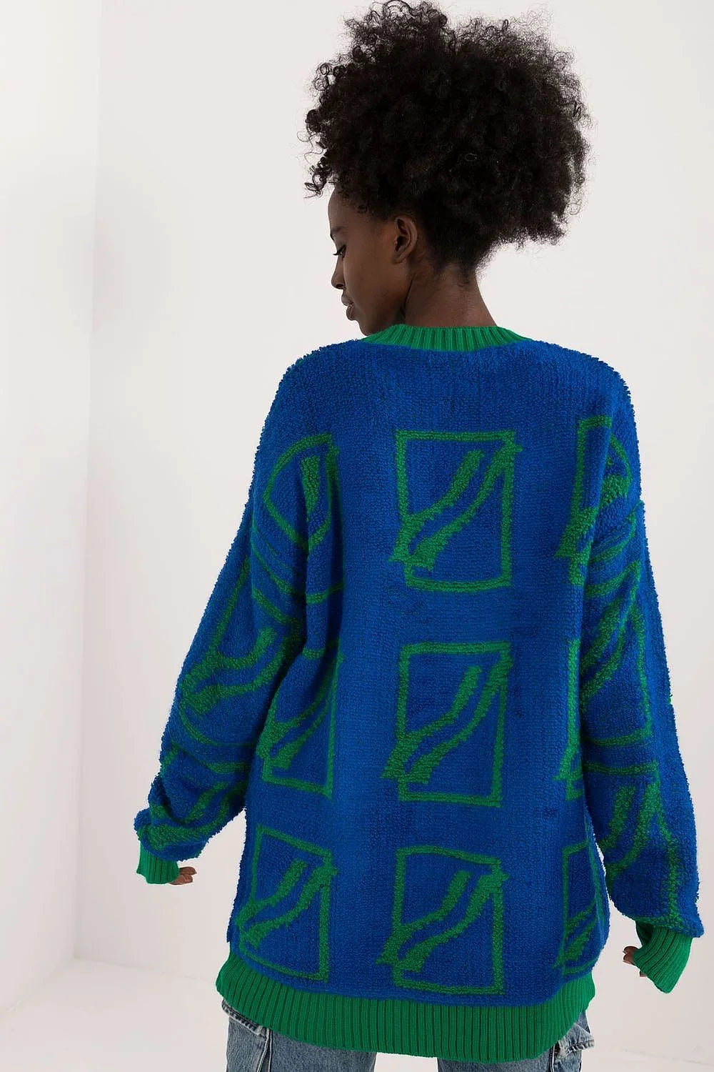 Chandail pour femme oversized design géométrique bleu vert manches longues col rond tricoté mélange acrylique laine
