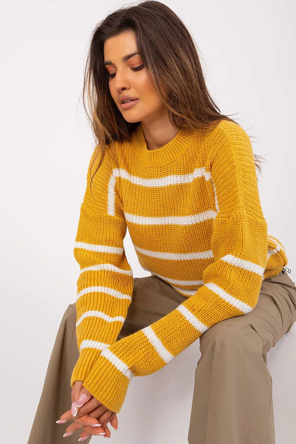 Pull rayures horizontales femme Chandail Badu acrylique doux manches longues encolure ronde style polyvalent jaune moutarde et blanc