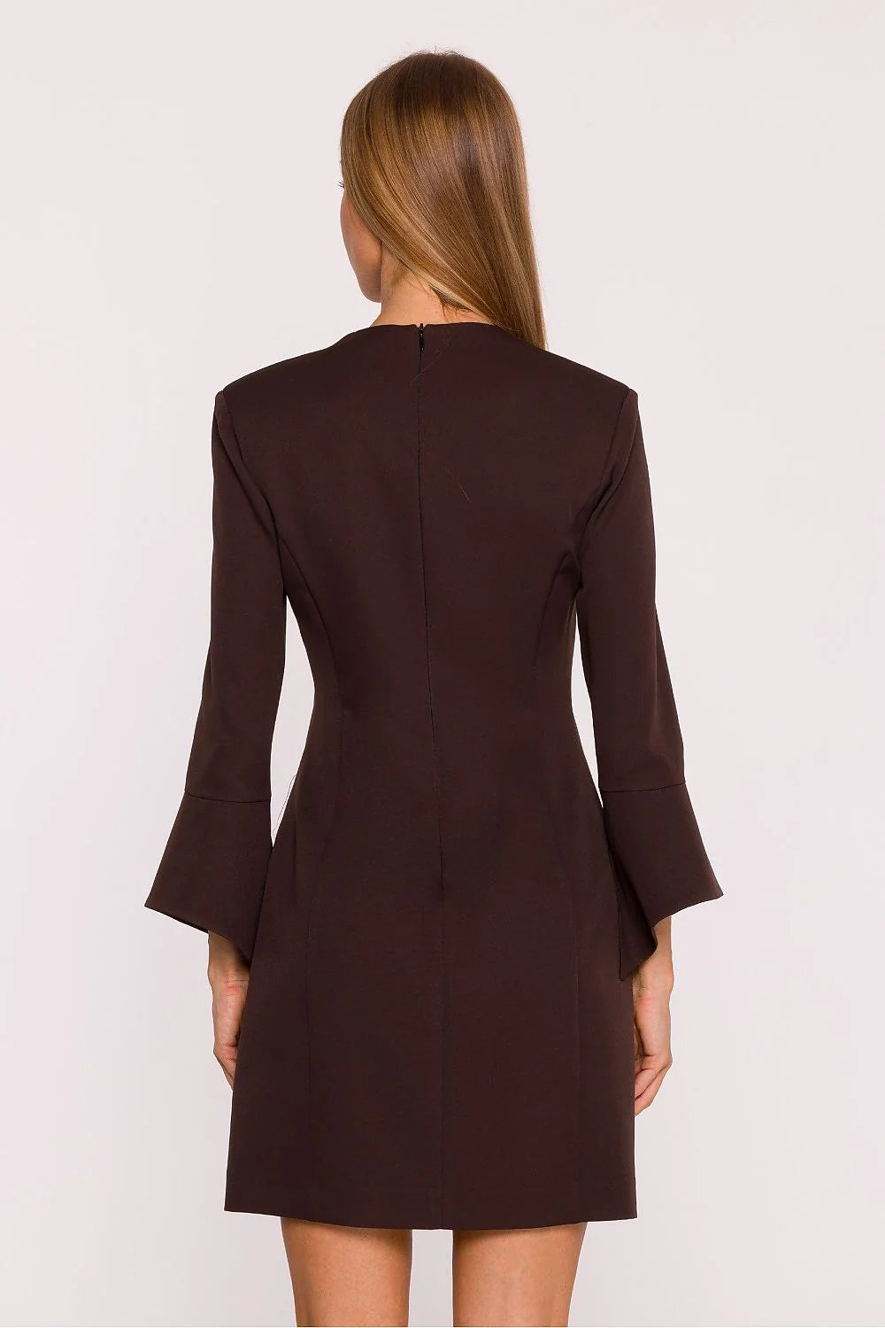 robe blazer femme marron chocolat mini droite col V plongeant asymétrique croisé manches trompette tissu structuré