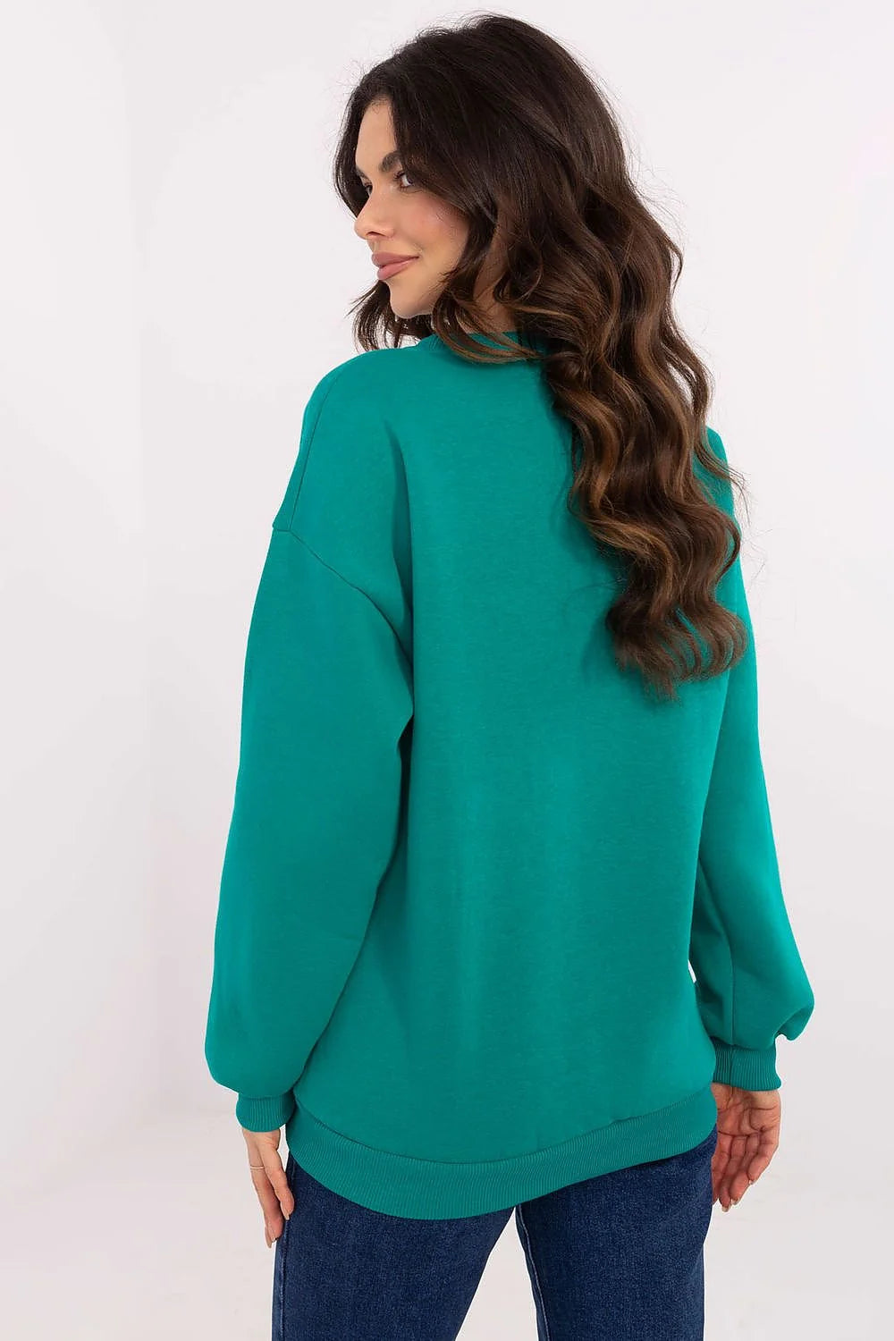 Pull molleton Boston design universitaire femme coton polyester vert émeraude manches longues encolure ronde coupe ample