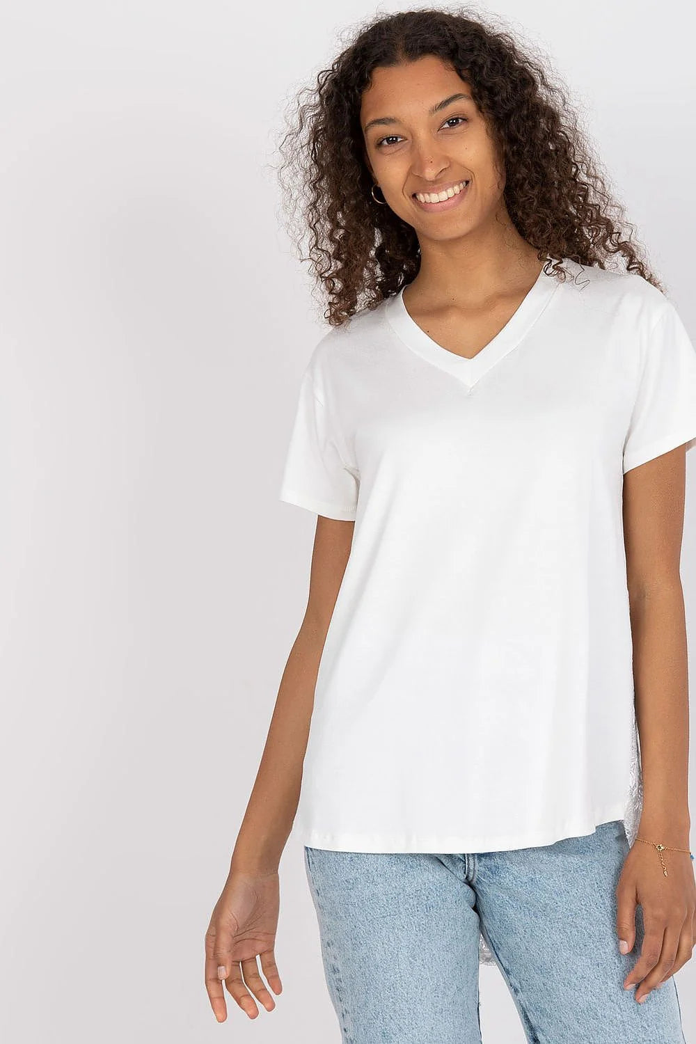T-shirt femme design élégant coupe ample col V manches courtes dos prolongé dentelle couleur verte vive