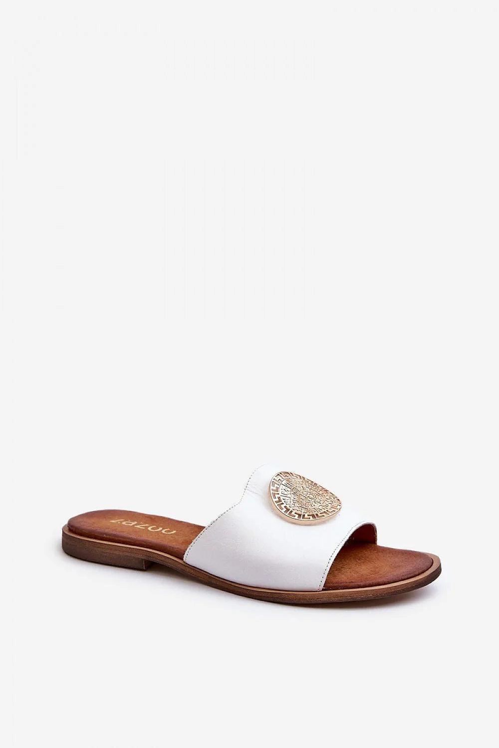 Sandales femmes cuir naturel style élégant bride large ornement doré talon plat confort été