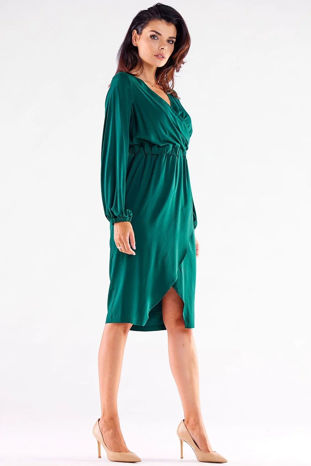 Robe de cocktail élégante longueur midi manches longues élastique vert émeraude femmes occasion formelle