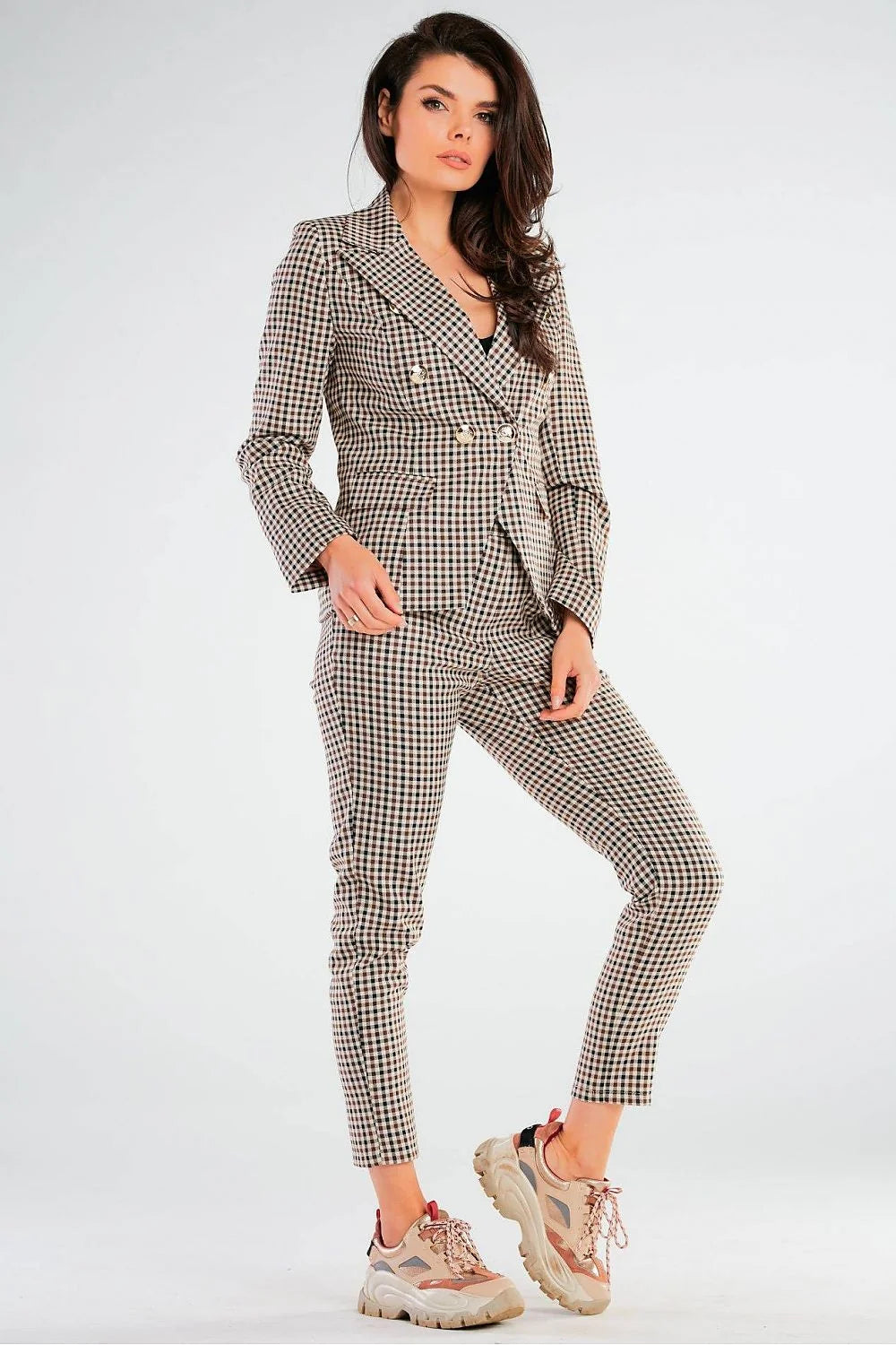 pantalon femme taille ajustable coupe ajustée cigarette cheville motifs carreaux beige marron noir tissu structuré confortable extensible polyester viscose élasthanne