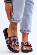 Sandales féminines modernes design ludique motifs circulaires couleur noire blanc rouge plateforme confortable été plage piscine
