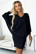 robe soirée élégante batwing encolure V noire pailletée lurex manches chauvesouris coupe crayon longueur genou fluide scintillante brocart polyester elasthanne