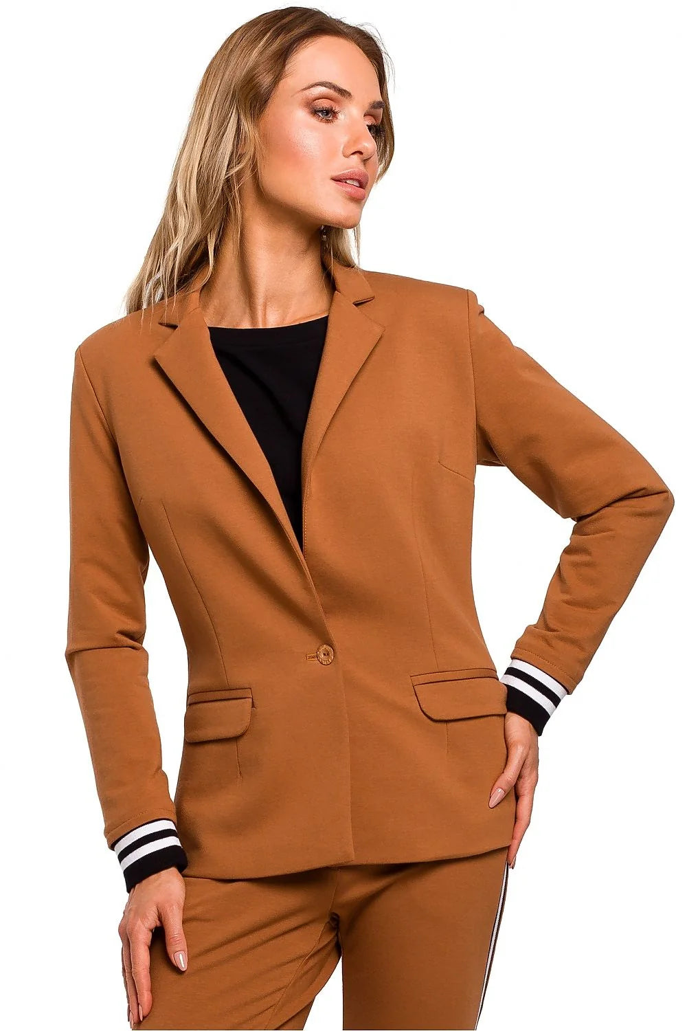 Blazer femme tissu camel moderne élégant manches rayées chic décontracté coupe ajustée mode tendance