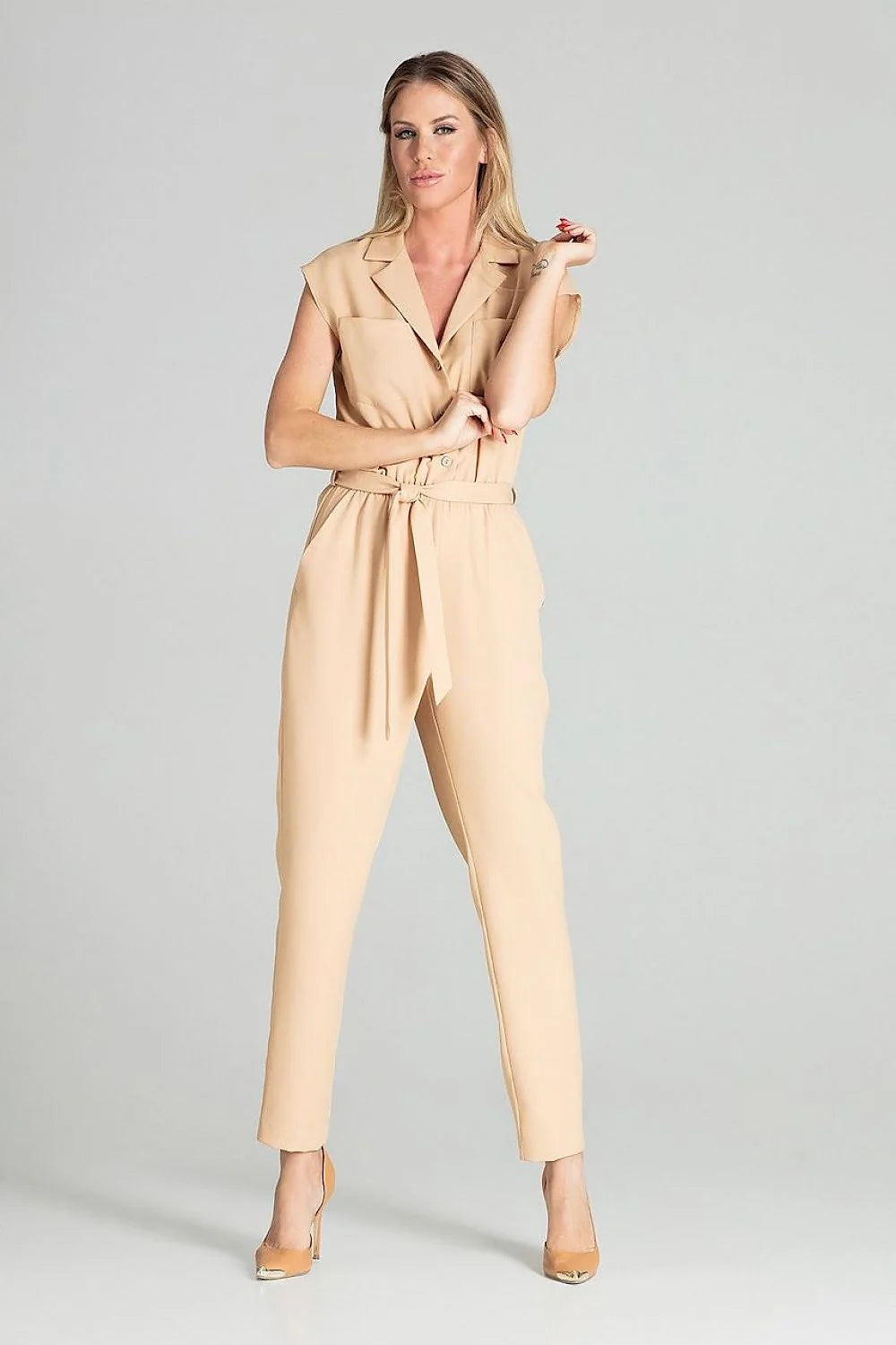 Combinaison femme polyester chic bleu pastel manches courtes ceinture nouée élégante polyvalente taille ajustée
