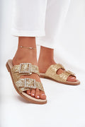 sandales mules femme plates dorées pailletées double bride large bout ouvert semelle rembourrée beige boucles strass ajustables antidérapante confortables élégantes