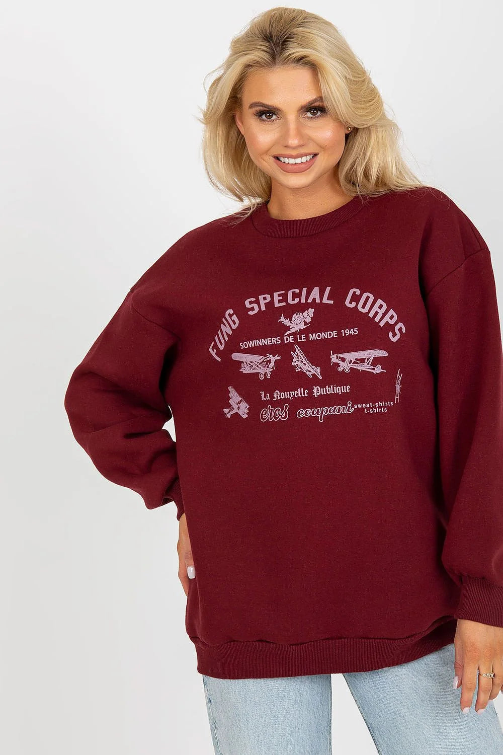 Sweatshirt Fancy pour femme, style casual, couleur bordeaux, impression vintage, coton 65% élasthanne 35%