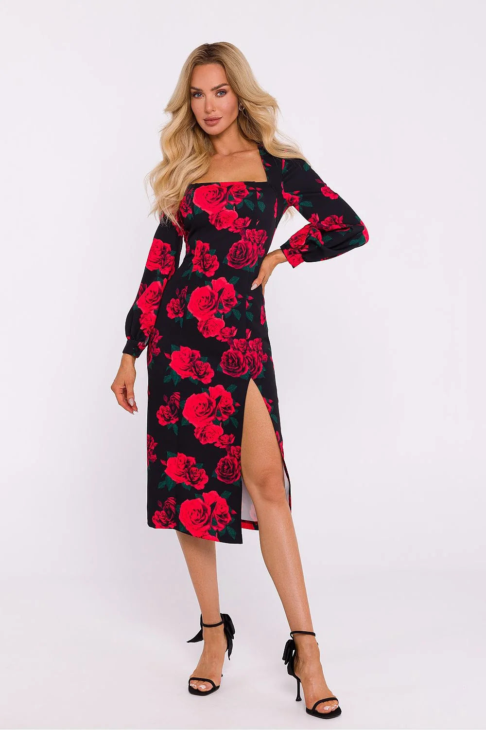 Robe de jour élégante Moe floral rouge noir manches longues encoleture cœur fente frontale tissu fluide femmes
