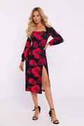 Robe de jour élégante Moe floral rouge noir manches longues encoleture cœur fente frontale tissu fluide femmes